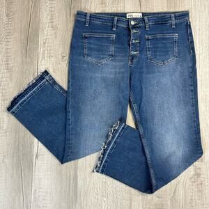 Zara Button Fly WMNS Ripped Hem Jeans US 12 EU 44 High Rise Denim Straight Light
